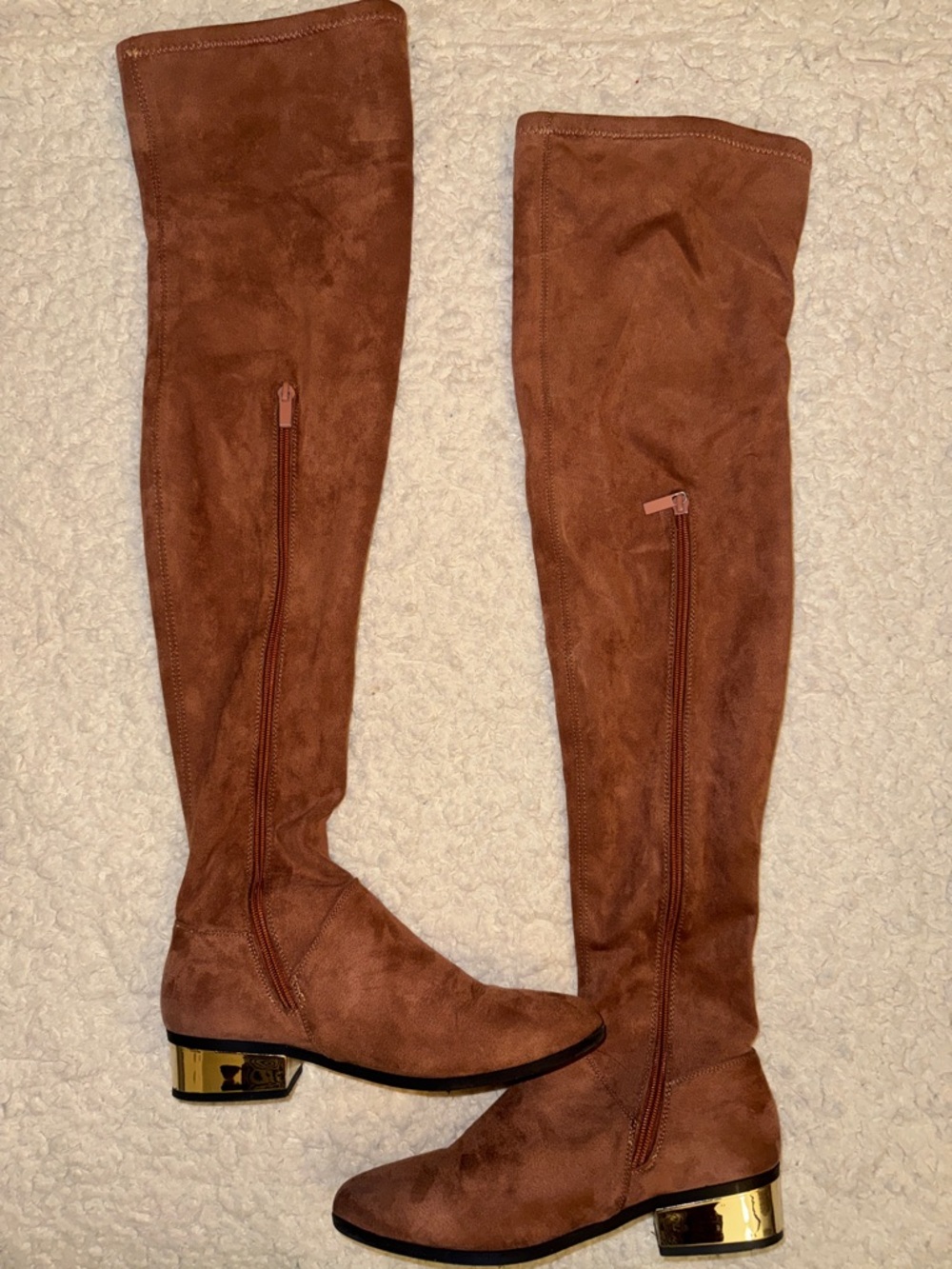 Women’s Over-the-Knee Faux Suede Boots in Chestnut with Gold Heel